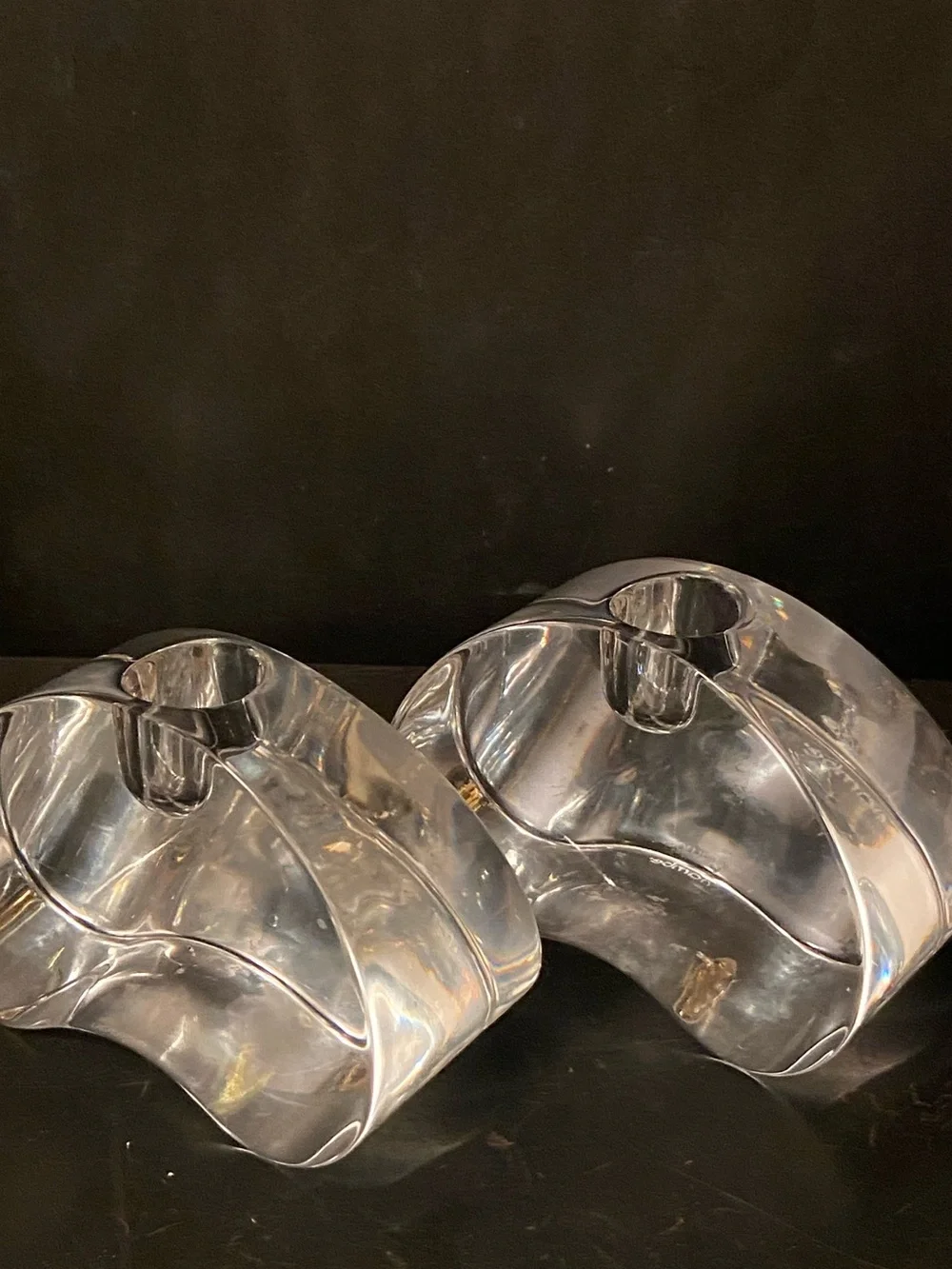 Nambe Crystal Clear Modern Sculptural Bow Candle Holders Set of 2